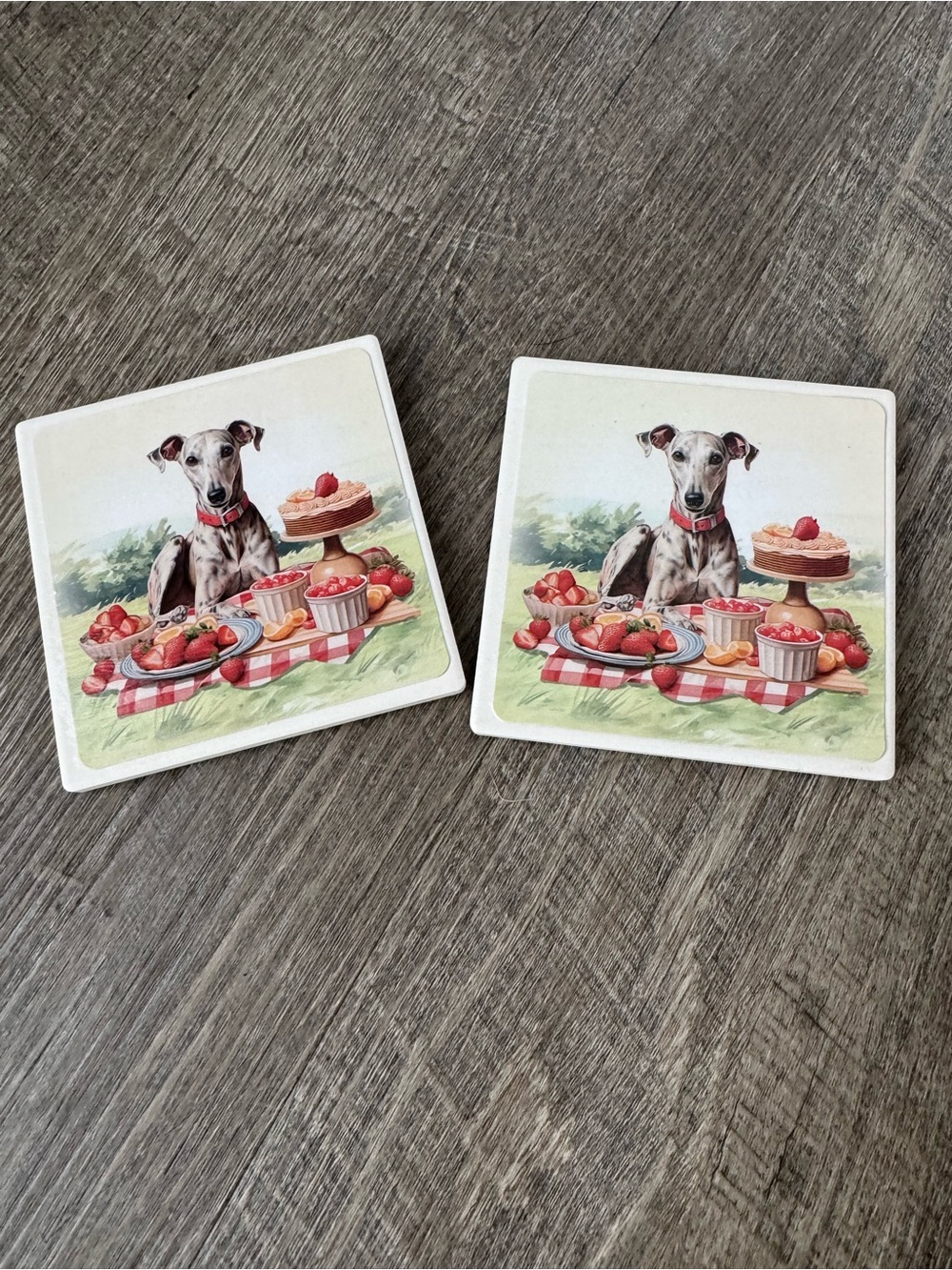 Vintage-Inspired Whippet Picnic Coaster Set in Red & Cream